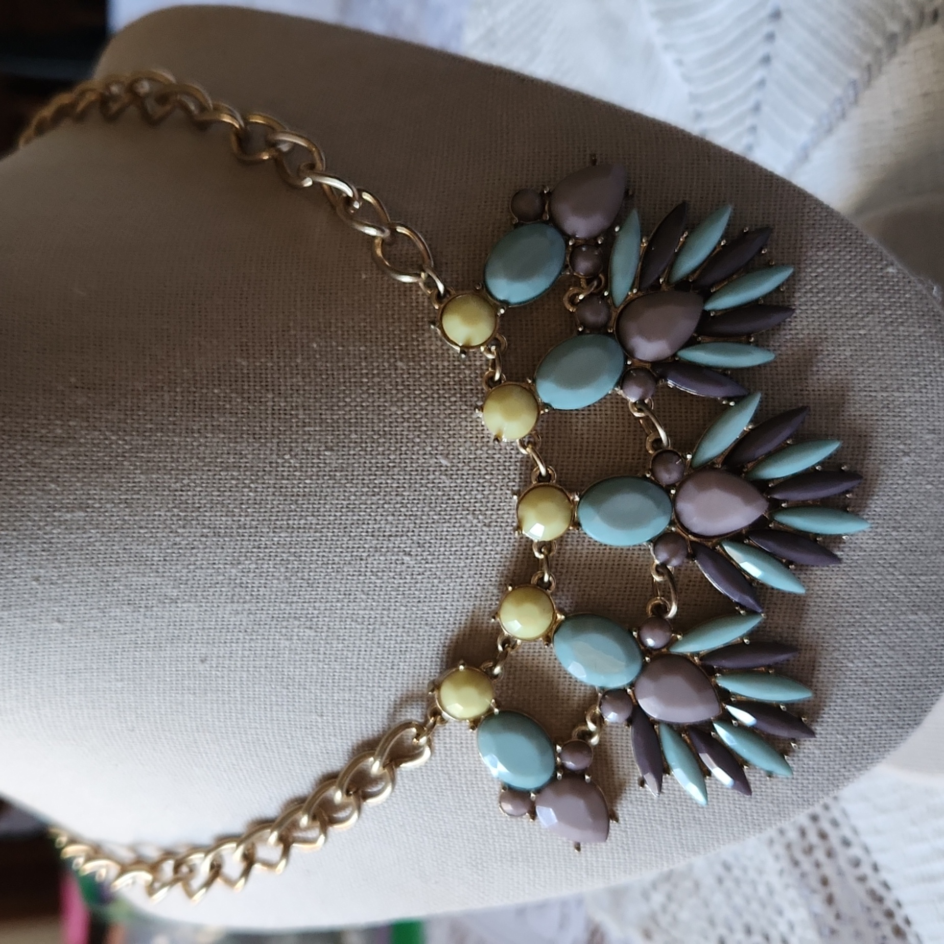 Statement Necklace, Gold Plated Chain, Purple, Yellow And Green Floral Design